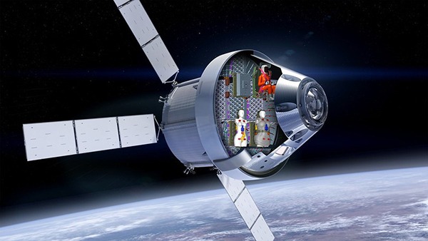 rendering of an orbiting space capsule with three figures aboard, including two anthropomorphic phantoms