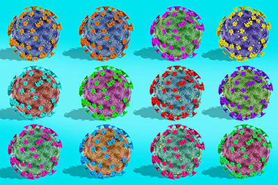 Illustration of SARS-CoV-2 viral particles in different colors on a blue background