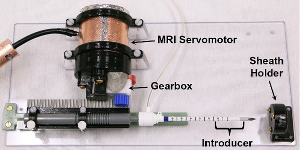 Image of robot with MRI compatible motor outfitted with needle for experimental biopsy procedure and labels saying MRI Servomotor, Gearbox, Sheath Holder, and Introducer