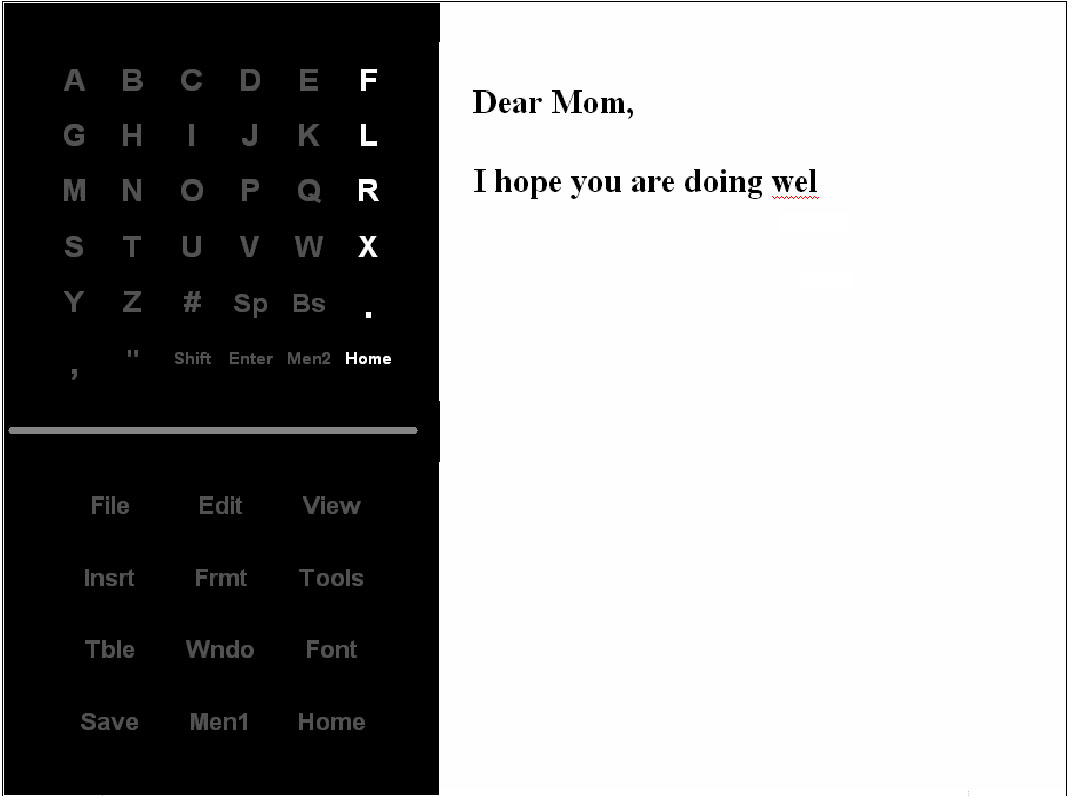 In the word processing mode a user concentrates on a letter while lines and columns of letters flash in sequence. The system records the user