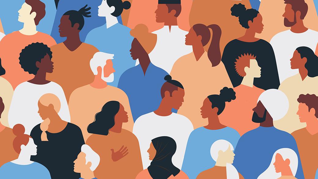 Cartoon of diverse people standing together.