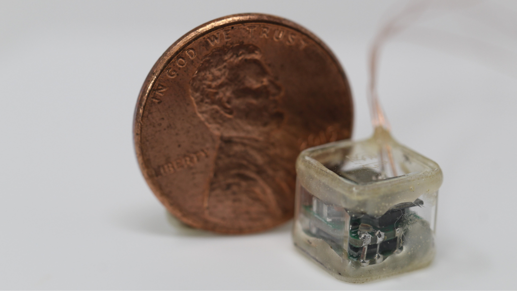Photograph of the small implantable pulse generator with a penny for scale Photograph of the small implantable pulse generator with a penny for scale