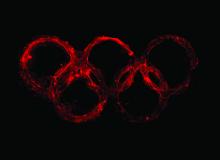 A photo of five glowing red circles arranged in the pattern of the Olympic flag.