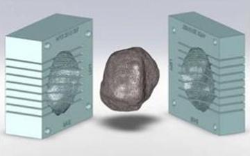A computer generated image of a silver rock with two green molds on either side