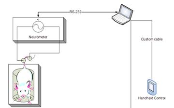 A diagram of a mouse connected to the neurometer pointing to a computer and handheld control.