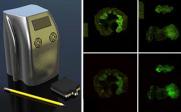 A photo of a silver metal device with four images of green fluorescence