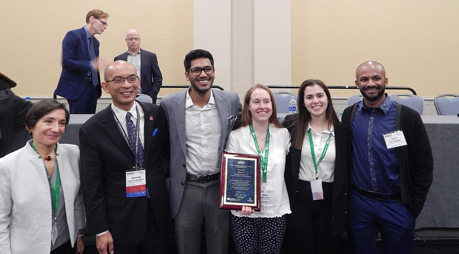 Third-place was awarded to the team from Carnegie Mellon University that developed a useful tracheostomy attachment. L-R: Zeynep Erim (Director, NIBIB Training Division), Conrad Zapanta, Gaurav Balakrishnan, Allison Caron, Tala Habbab, Tahj Spigner