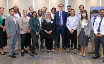 NIBIB Director Bruce Tromberg and NIBIB Deputy Director Jill Heemskerk pose with the NIBIB grantees participating in the technology demonstrations. Front row L-R: Wilbur Lam, Erika Tyburski, Sandhya Vasudevan, Idris Sunmola, Jill Heemskerk, Bruce Tromberg, Michael Kam, He (Helen) Huang, and Varun Nalam. Back row L-R: Julie Sullivan, Manu Platt, Daniel X. Hammer, William Vogt, Anant Agrawal, Axel Krieger, Justin Opfermann, and Brendan Driscoll.