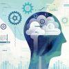 AI concept: Human head in profile with cloud and gears