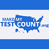 Light blue map of the United States overlayed with Make My Test Count.org