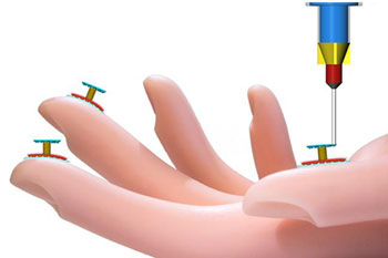 Illustration of tactile sensors printed onto a human hand by novel 3D printer.