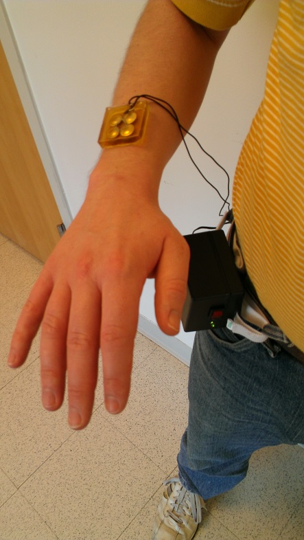 This is an image of a person wearing the therapeutic ultrasound patch used in this study.